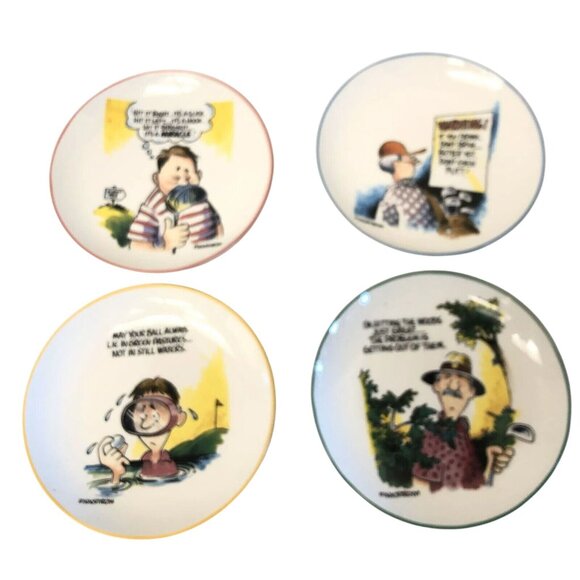 Humorous Golf-Themed Collectible Ceramic Saucers Set Of 4 By Finkstrom - Picture 1 of 11